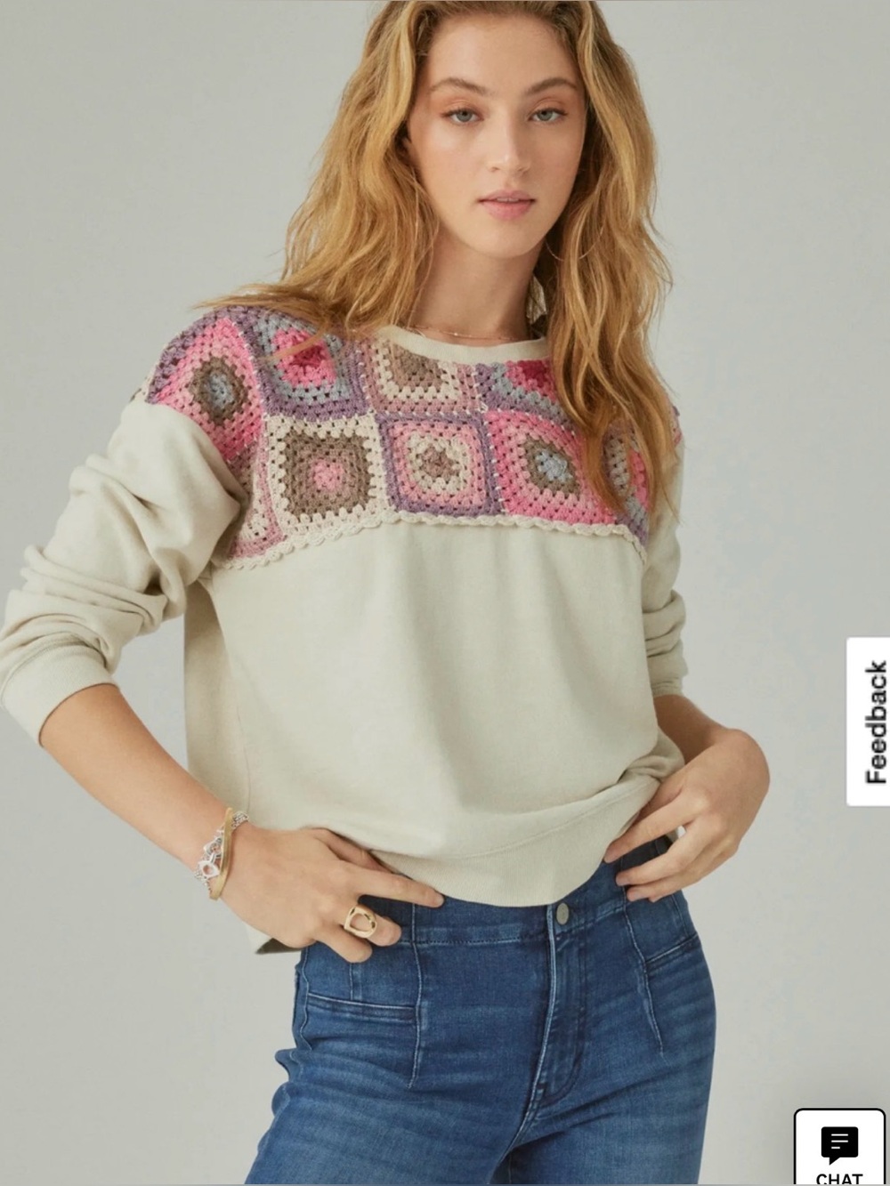 Lucky Brand Crochet Yoke Pullover Granny Square Woven L Boho - Picture 3 of 12